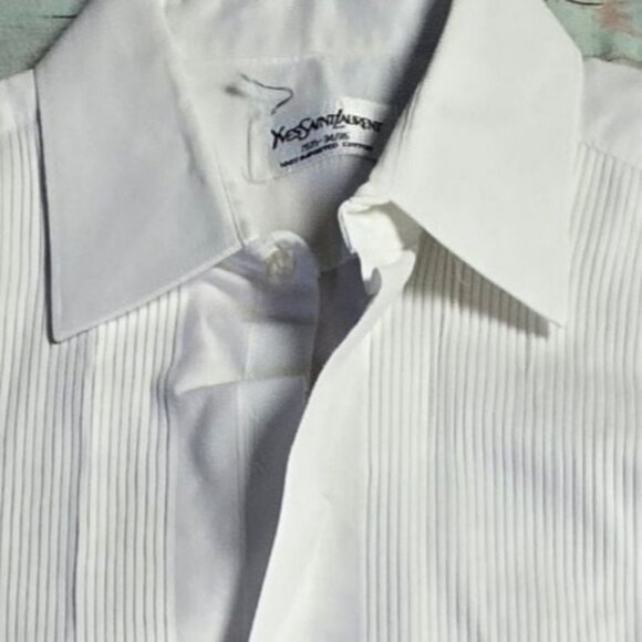 Yves Saint Laurent Mens White Pleated Dress Shirt Size Small - Picture 4 of 7